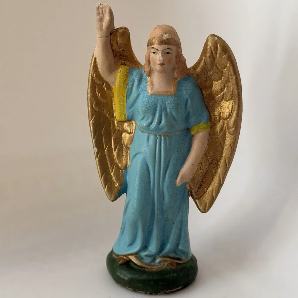 Vintage German Nativity Angel Figurine 6” Blue Robe Gold Wings Hand Painted